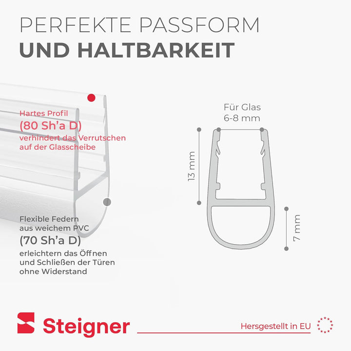 STEIGNER Duschdichtung, 180cm, Glasstärke 6/7/ 8 mm, Gerade PVC Ersatzdichtung für Dusche, UK07 UK07