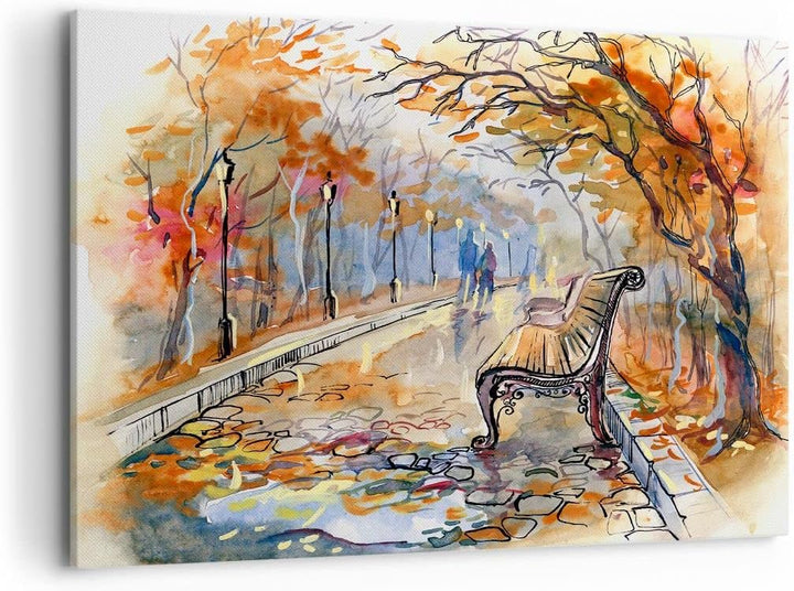 ARTTOR Bilder auf Leinwand 100x70cm Leinwandbild Path Bench Herbst Frau Gross Wanddeko Bild Schlafzi