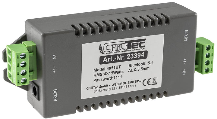 ChiliTec Verstärker Bluetooth 4-Kanal + AUX IN 4x 15Watt Mini Einbau 12V Bluetooth-Empfänger mit Ver