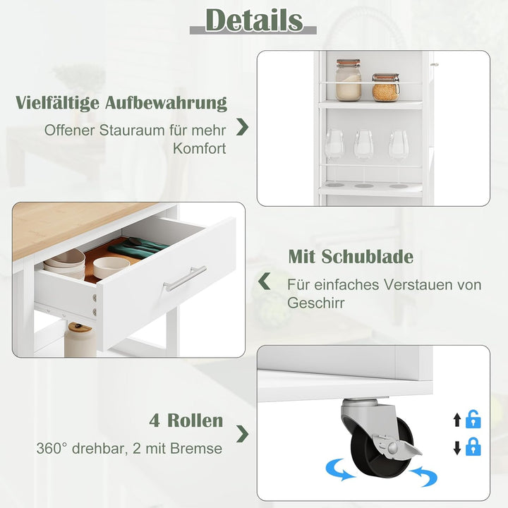 WOLTU Küchenwagen mit Arbeitsplatte, Servierwagen mit Rollen, Rollwagen mit Schublade offenen Ablage