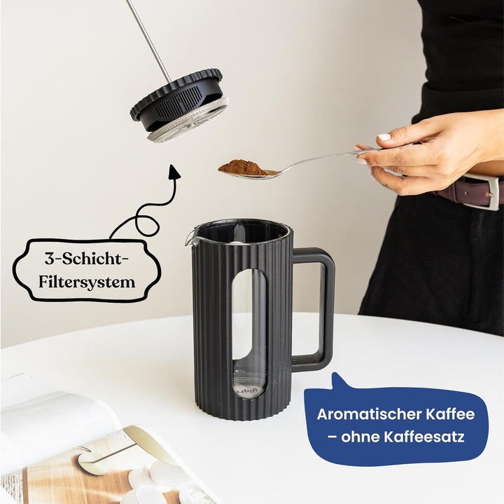 French Press aus Glas – Edelstahlfilter & hitzebeständiges Borosilikatglas – 350 ml – Schwarz Schwar