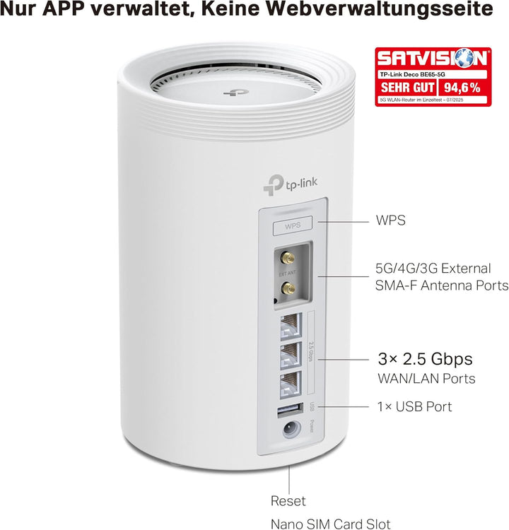 TP-Link Deco BE65-5G LTE WLAN Router, 5G Router SIM-Karte, 𝐓𝐫𝐢-𝐁𝐚𝐧𝐝 𝐖𝐢𝐅𝐢 𝟕, 3× 2,5 Gbit/s-Ports, 320