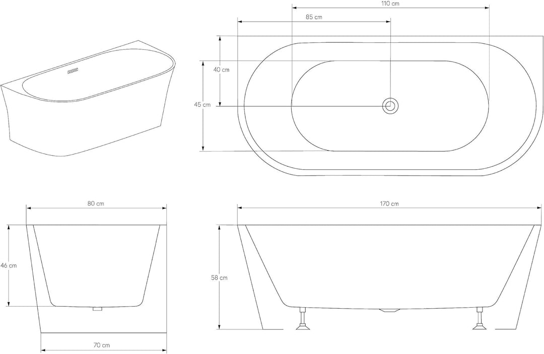 BERNSTEIN Freistehende Badewanne aus Sanitäracryl Wanne mit Doppelwandiger Konstruktion 170 x 80 x 5