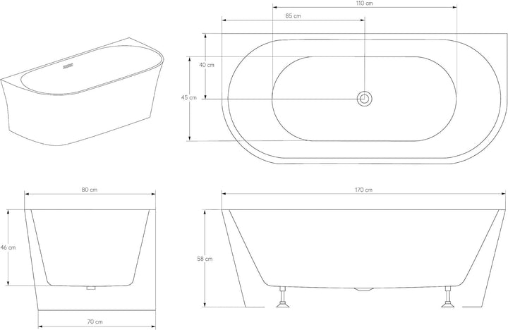 BERNSTEIN Freistehende Badewanne aus Sanitäracryl Wanne mit Doppelwandiger Konstruktion 170 x 80 x 5