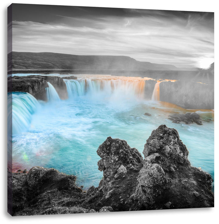 Pixxprint Goðafoss bei Sonnenuntergang als Leinwandbild/Grösse: 70x70 cm/Wandbild/Kunstdruck/fertig