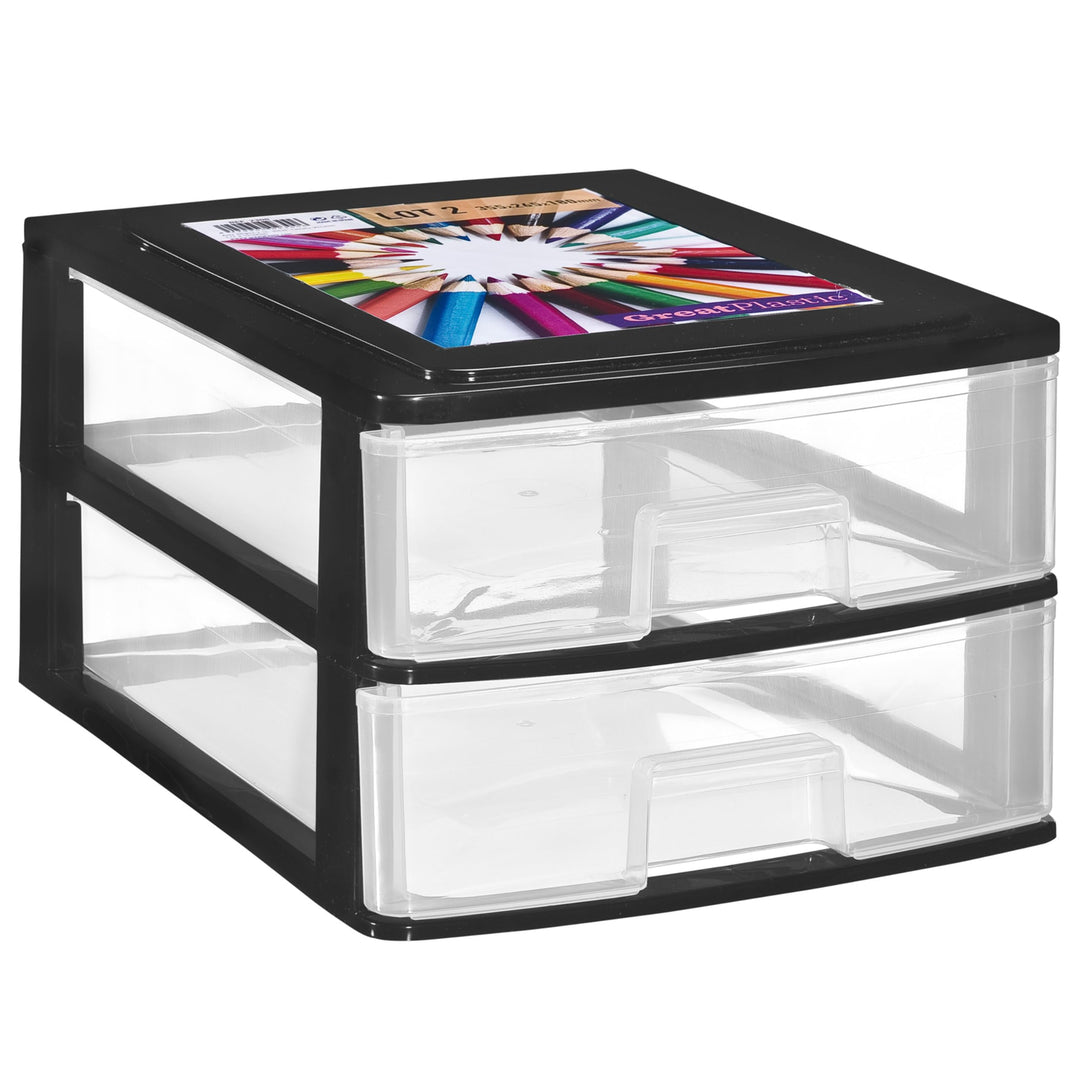 Hummelladen Schubladenbox DIN A4 mit 2 Schubladen 35,5x26,5x18 cm - schwarz-transparent Kunststoff D