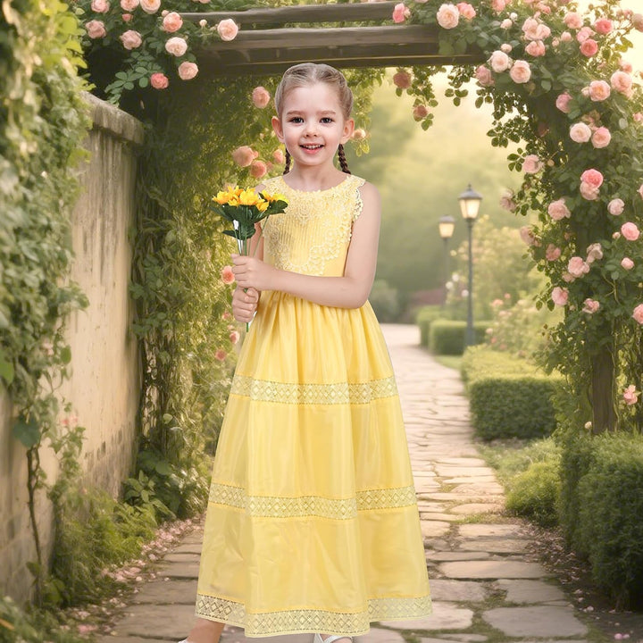 Sunny Fashion Mädchen Kleid Blume Schnüren Saum Hochzeit Erstkommunion Gr. 110-158 122 Gelb, 122 Gel