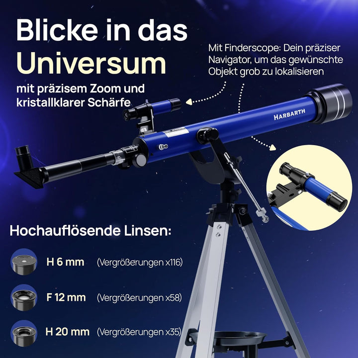 HARBARTH, Teleskop, Linsenteleskop + Okulare, Tasche, Handyhalterung für Bilder - Ideal für Erwachse
