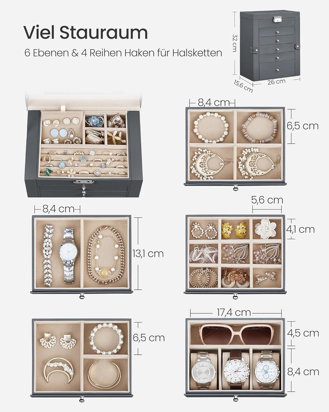SONGMICS Schmuckkästchen 6 Ebenen, Schmuckkasten mit 5 Schubladen, viel Stauraum, innen mit Spiegel,