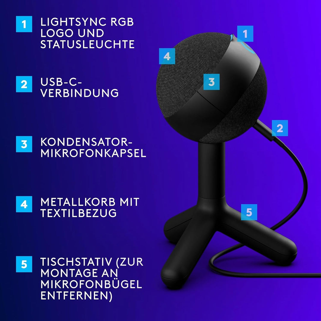Logitech G Yeti Orb Gaming-Kondensatormikrofon mit RGB und LIGHTSYNC, USB-Mikrofon zum Streaming, Ni