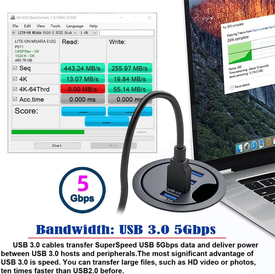 USB 3.0 Hub 4 Port USB 60 mm Tischtülle Splitter Dockstation Schnittstelle für Desktop PC Schreibtis