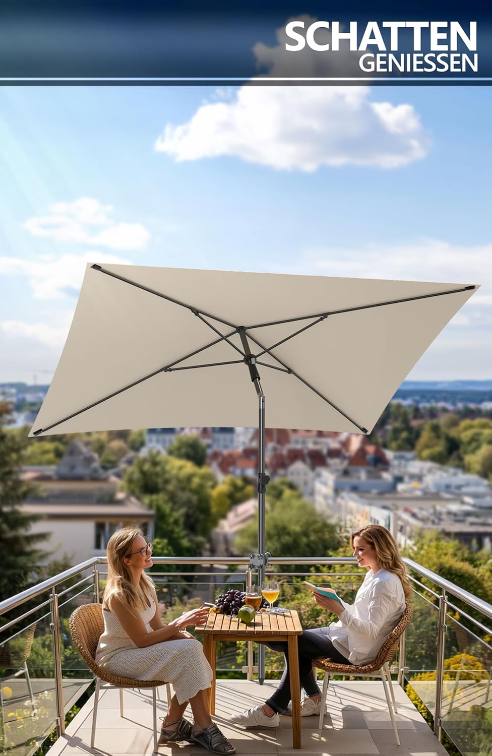 4smile Sonnenschirm Balkon SunnyShade 3-in-1 SET in Beige - UPF 50+ Sonnenschirm rechteckig 200 x 12