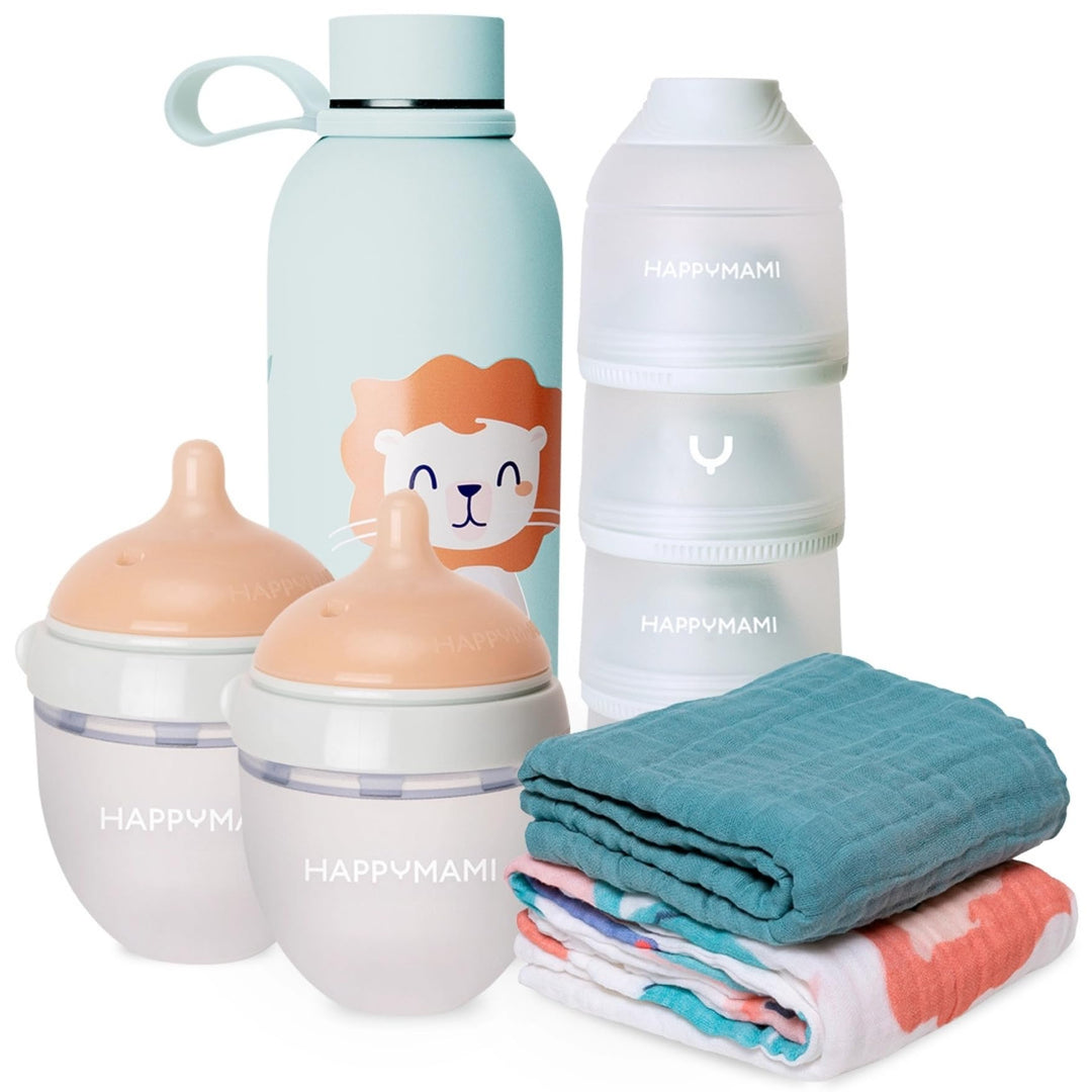 Happymami Premium Baby-Erstausstattung: 2 Anti-Kolik Flaschen, Edelstahl Thermosflasche, Milchpulver