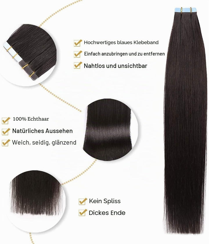YILITE Tape Extensions Echthaar, Natürliches Schwarz 50cm 20 Stück 50g Tape in Extensions Echthaar I