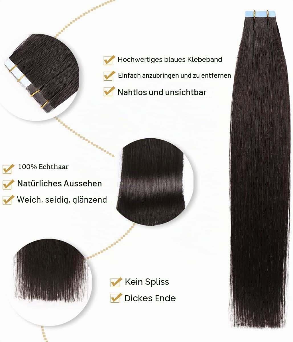 YILITE Tape Extensions Echthaar, Natürliches Schwarz 50cm 20 Stück 50g Tape in Extensions Echthaar I