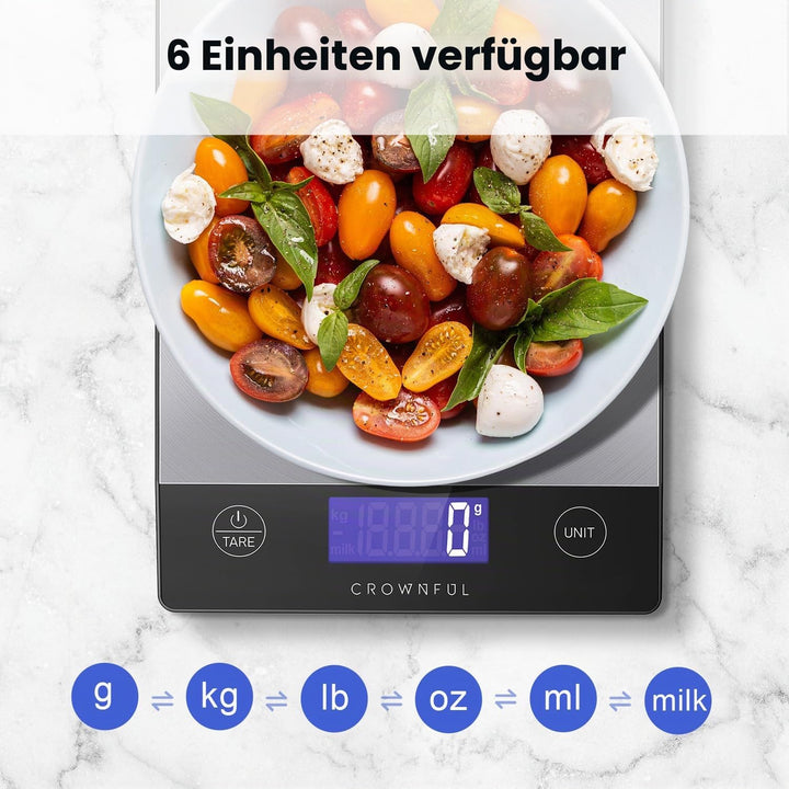 CROWNFUL Wiederaufladbare Lebensmittel-Küchenwaage, 33-Pfund-Digitalwaage, Food Scale zum Backen und