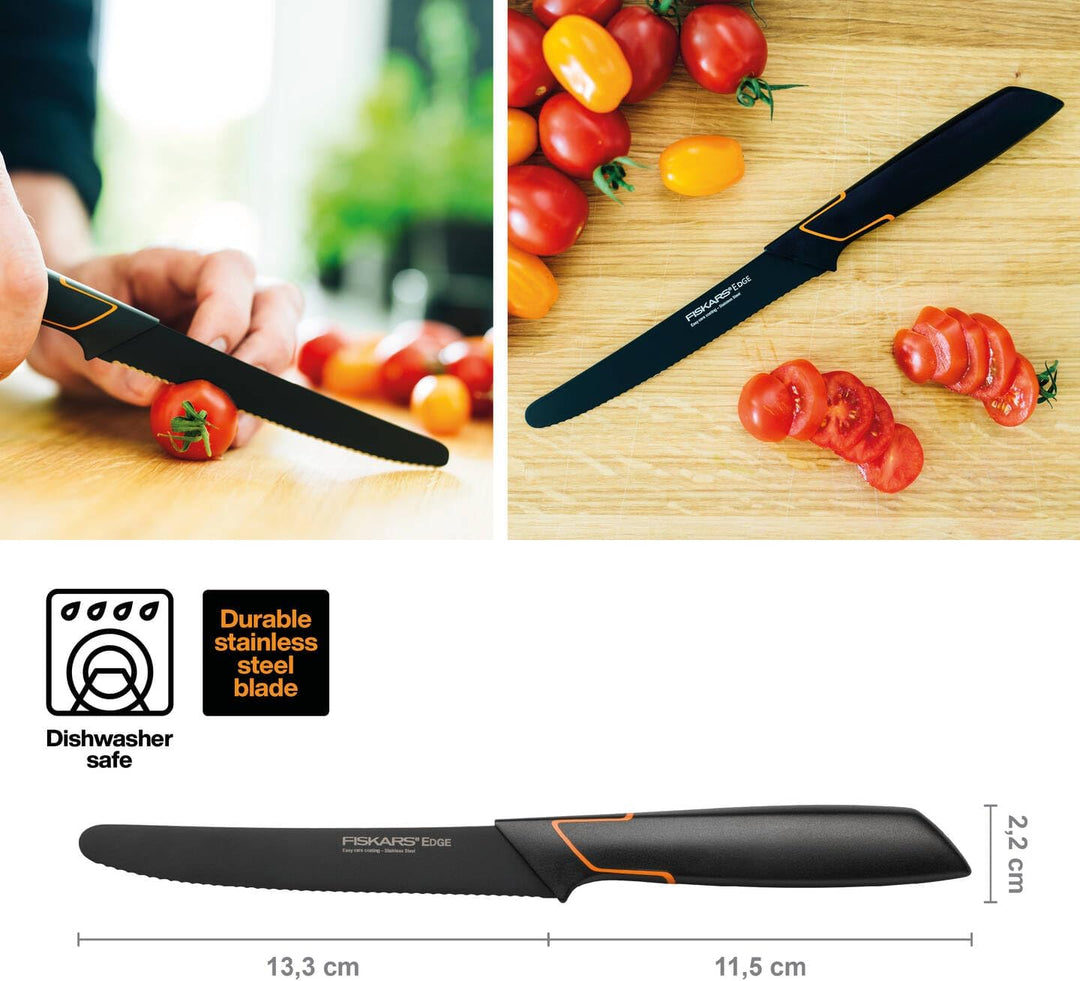 Fiskars Tomatenmesser, Modernes Design, Gezahnte Klinge, Gesamtlänge: 25 cm, Qualitätsstahl/Kunststo