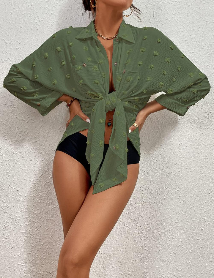 Bsubseach Damen-Badeanzug-Coverup Button-Down-Hemdkleider Swiss Dot Tops J-army Green, J-army Green