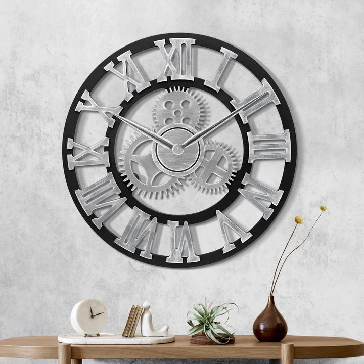 Lafocuse Holz Wanduhr Industrial Silber, Lautlos Wanduhr Vintage Gross 60cm XXL, Zahnrad Wanduhr Röm