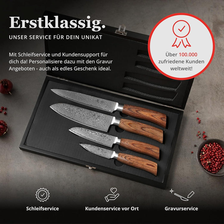 Wakoli EDIB Pro 4er Damastmesser-Set mit Messerblock mit 8-17cm Klingen gefertigt aus 67 Lagen echte