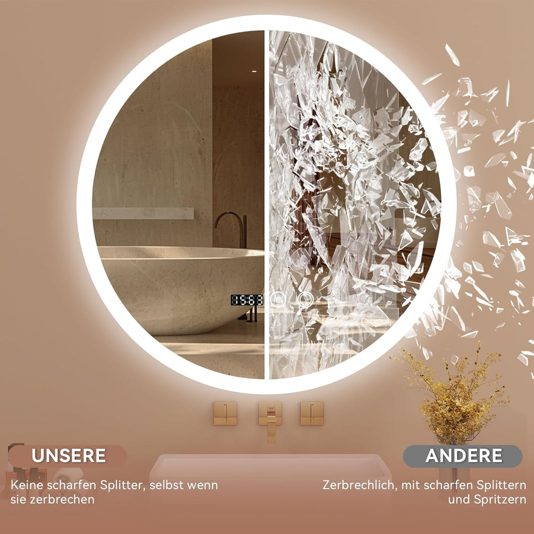 YU YUSING Badspiegel LED Rund Badezimmerspiegel mit Beleuchtung 50x50cm, 3 Lichtfarbe Einstellbare,