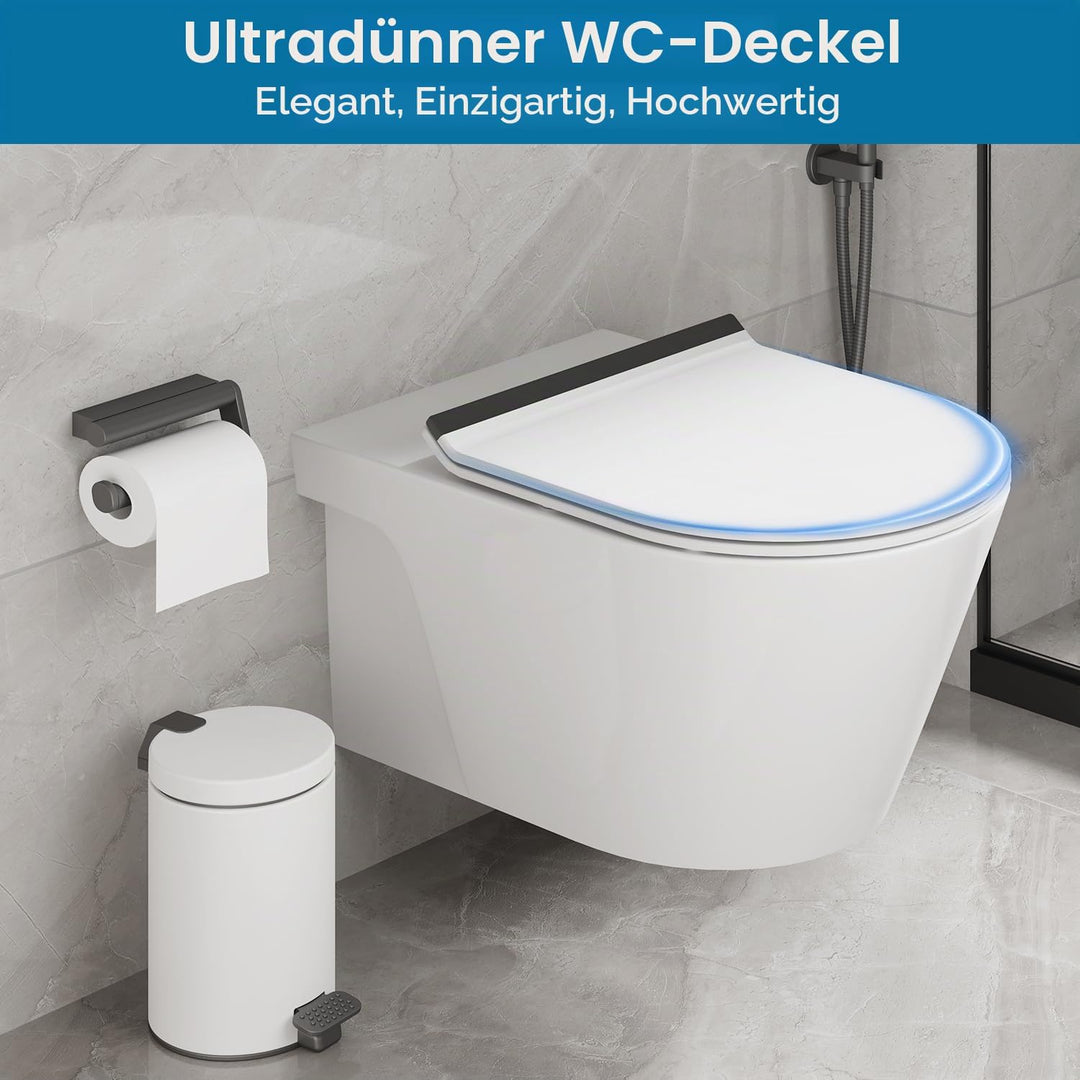 Toilettendeckel mit Absenkautomatik D-Form, Slim WC Sitz Weiss, Klodeckel Duroplast, Klobrille einfa