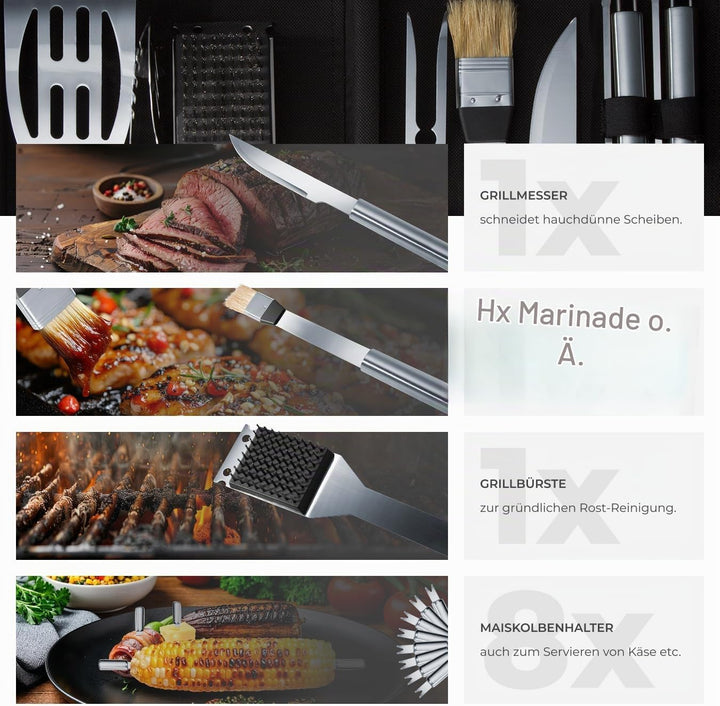tectake® 18-TLG. Edelstahl Grillbesteck, Grillzubehör für Kugelgrill, Smoker, Kohlegrill, im Garten,