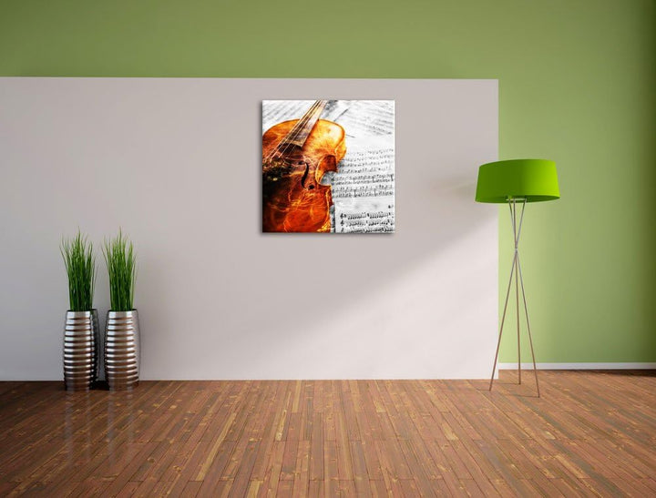 Pixxprint Geige auf Notenblättern als Leinwandbild/Grösse: 70x70 cm/Wandbild/Kunstdruck/fertig bespa