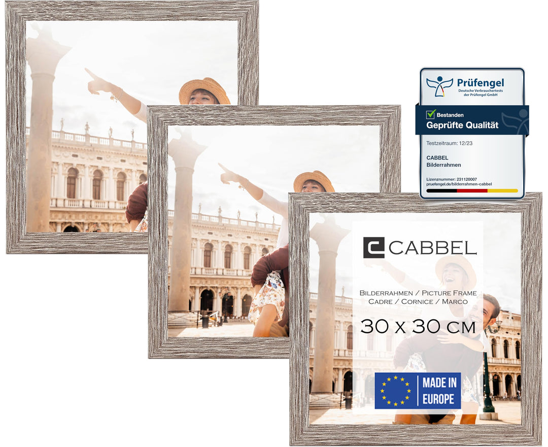 CABBEL Dreierpack (3 Stk.) Bilderrahmen 30x30 cm MDF Holz-Rahmen in Braun | mit bruchsicherem Plexi-