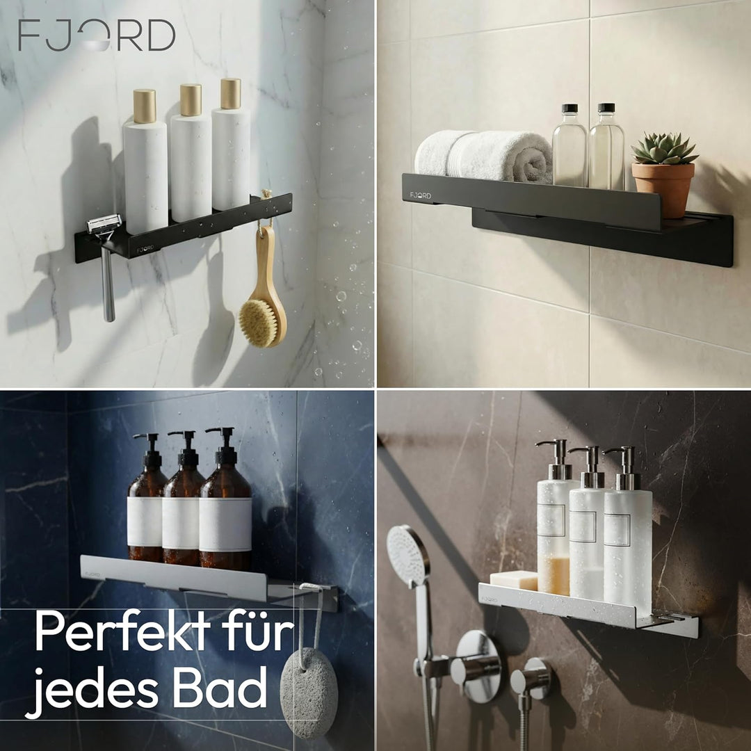 FJORD Flow Premium Duschablage ohne Bohren [Matt Schwarz] – Design Duschregal mit integriertem Rasie