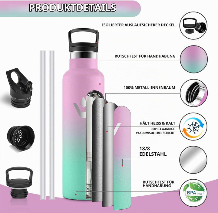 HoneyHolly Trinkflasche Edelstahl, 750 ML BPA-Frei, Thermosflasche, Auslaufsichere Isolierflasche Do