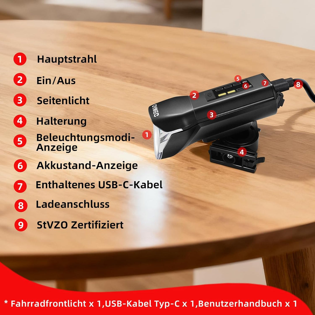 Fahrradlicht Vorne StVZO zugelassen, 4 Leuchtmodi Fahrradlampe Vorne USB-C Akku Lampe Wasserdicht IP