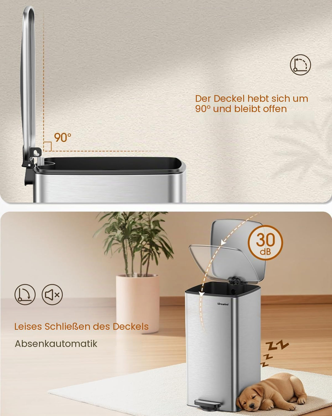 lovewind Küchenabfalleimer, 30L Silber Mülleimer Küche aus Edelstahl mit Pedal, mit Deckel und Innen