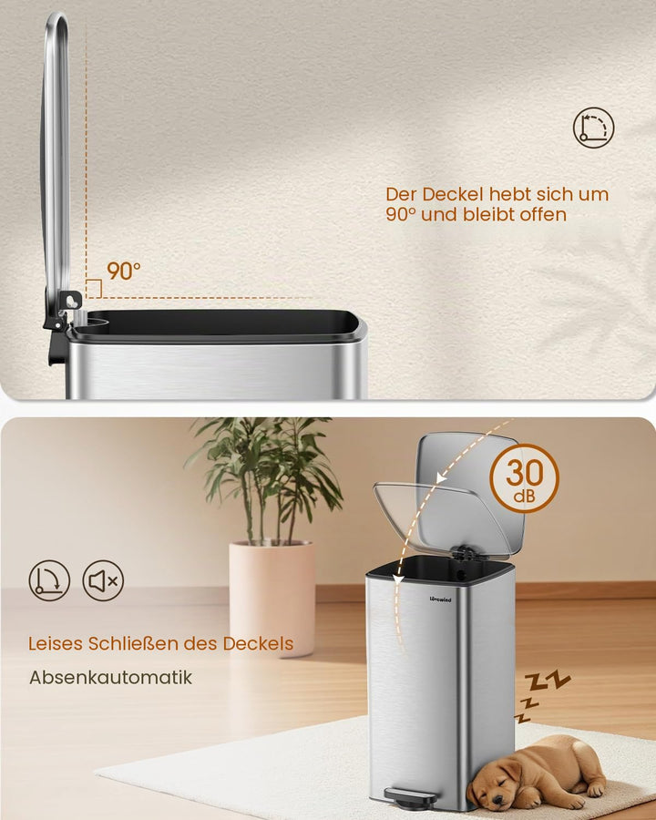 lovewind Küchenabfalleimer, 30L Silber Mülleimer Küche aus Edelstahl mit Pedal, mit Deckel und Innen