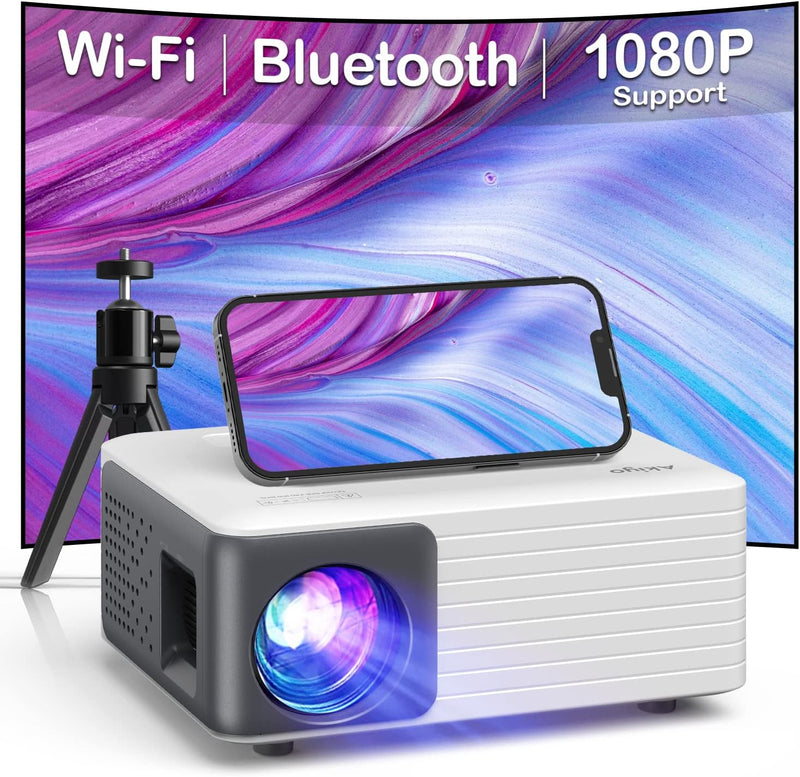 Mini Beamer mit Stativ, AKIYO WiFi Bluetooth Beamer Full HD 1080P Unterstützung, Native 720P Portabl