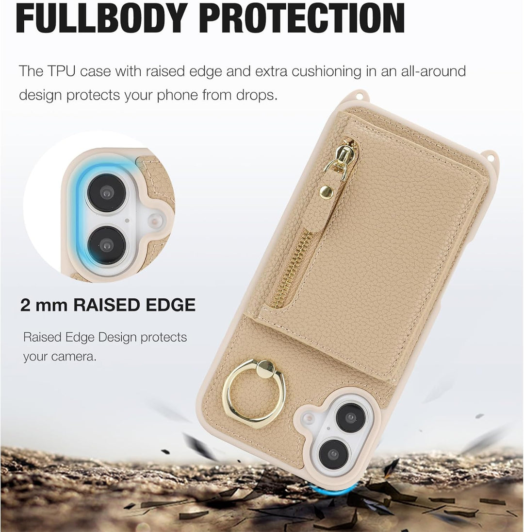 ELTEKER Handyhülle für iPhone 17 Hülle mit Band, Kartenfach Ringhalterung Reissverschluss Geldbörse,