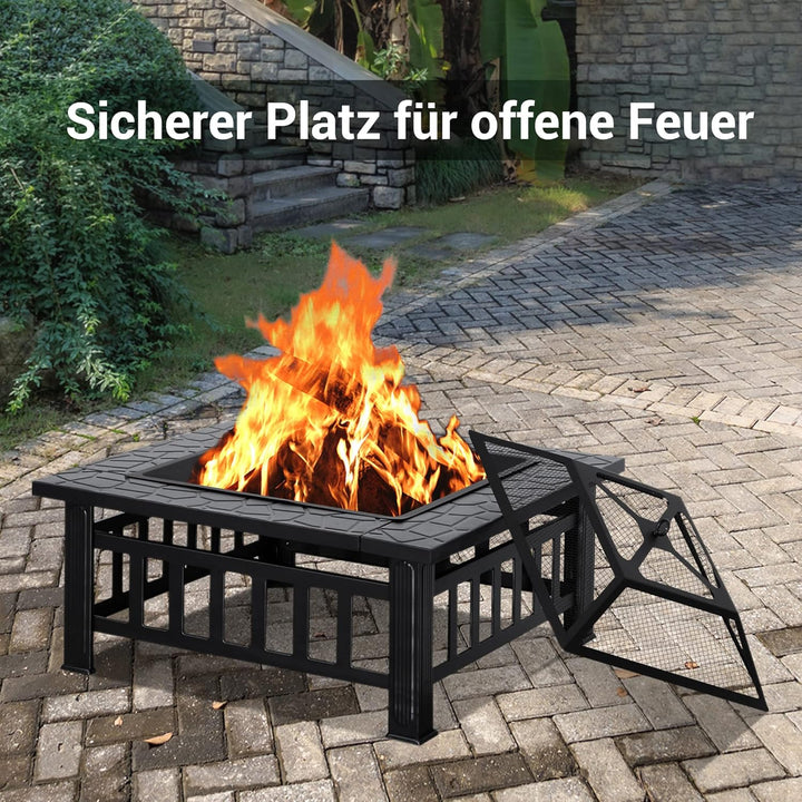 M MCombo Feuerschale mit Grillrost & Funkenschutz, Feuerkorb mit Schürhaken, Feuerstelle für Garten,