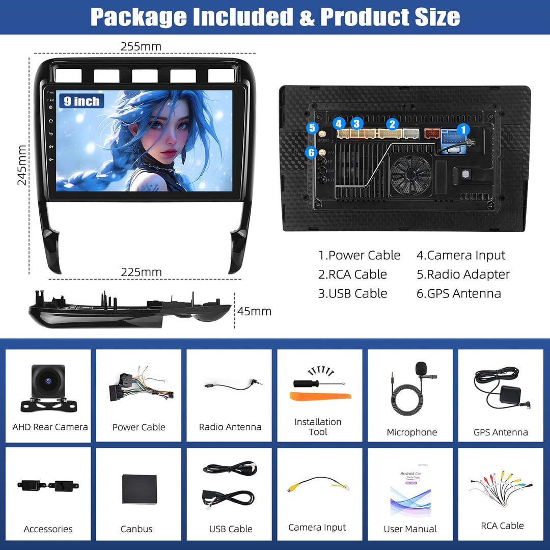 CAMECHO Qualcomm 8-Kern 4+64G Android 15 DSP Autoradio für Porsche Cayenne 2002-2010 mit Rückfahrkam