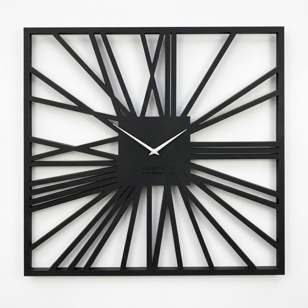 FLEXISTYLE Gross EKO wanduhr quadratisch XXL ohne tickgeräusche LOFT Grande Schwarz Quadrat 80cm! (D