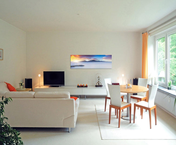 Paul Sinus Art Panoramabild auf Leinwand und Keilrahmen 150x50cm Montenegro Balkan Berge Nebel Meer