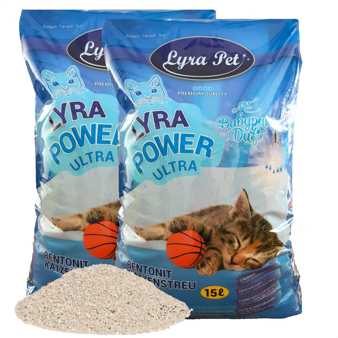 Lyra Pet® | 30 Liter Lyra Power Ultra Excellent Katzenstreu | Mit Babypuder Duft | Klumpstreu | 350%