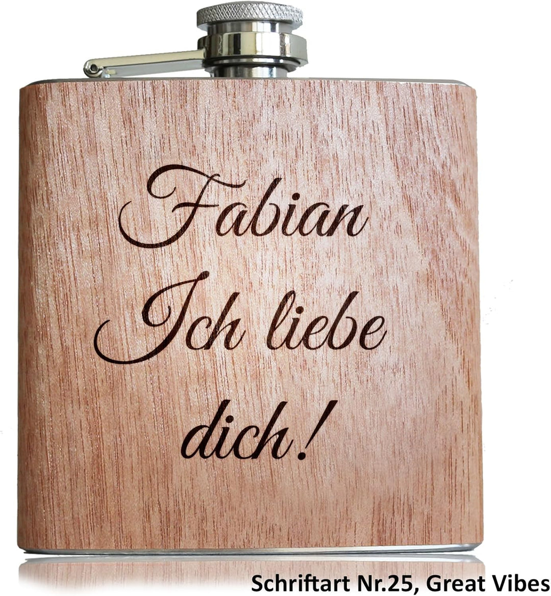 Flachmann mit Gravur. Edelstahl Flachmann personalisiert. Geschenke für Männer. Holz, Holz