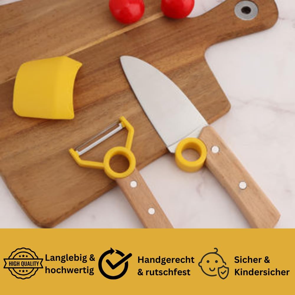 Kinder Kochmesser Set - 3 teilig - Kochmesser - Fingerschutz - Sparschäler - rostfrei Rot Grau, Grau