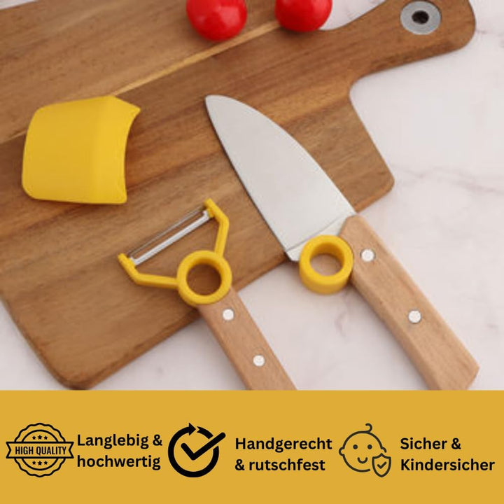 Kinder Kochmesser Set - 3 teilig - Kochmesser - Fingerschutz - Sparschäler - rostfrei Rot Grau, Grau