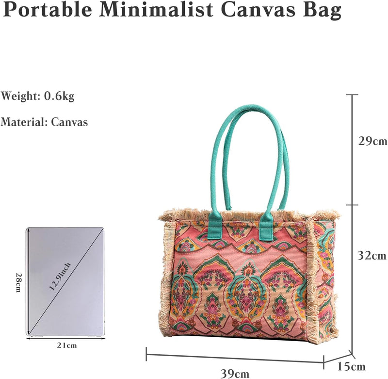 CORIOS Women Canvas Handbag Ethnic Style Tote Bag Retro Shoulder Bag with Tassels Summer Beach Bag L