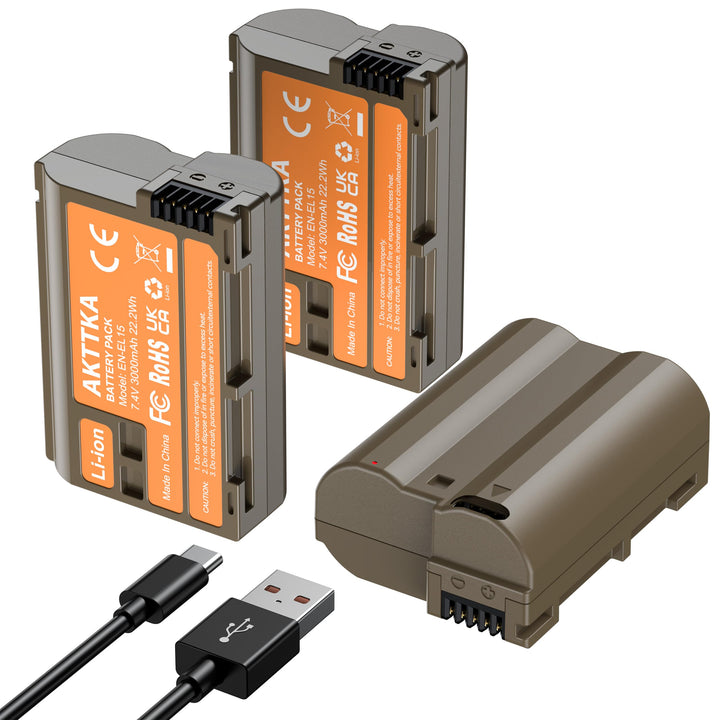 EN-EL15C Akkus 3000mAh (3er-Pack) mit direkter USB-C-Aufladung – Kompatibel mit Nikon EN-EL15/EL15C,