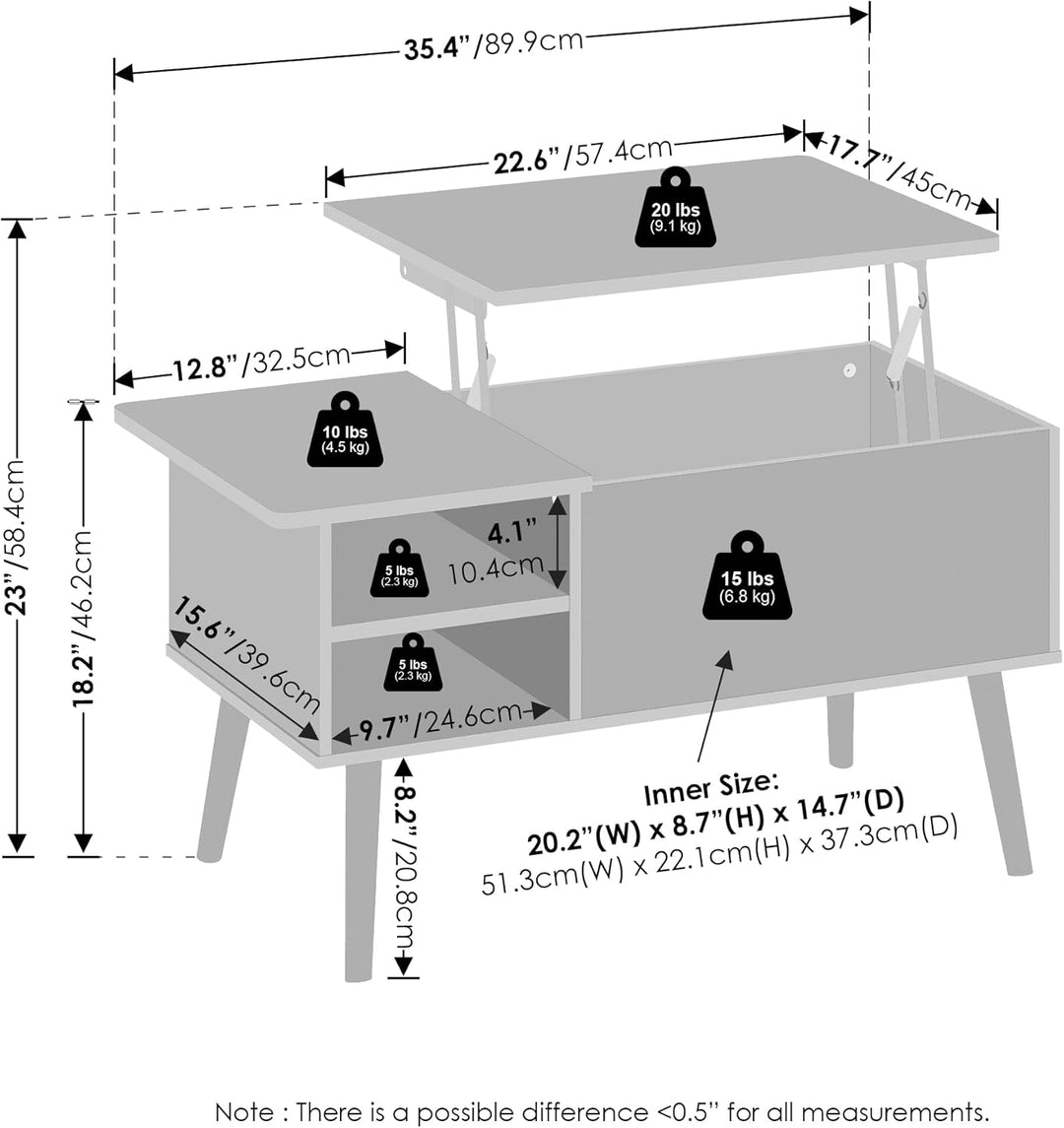 Furinno Jensen Couchtisch mit anhebbarer Tischplatte aus Holz mit verstecktem Fach und seitlich offe
