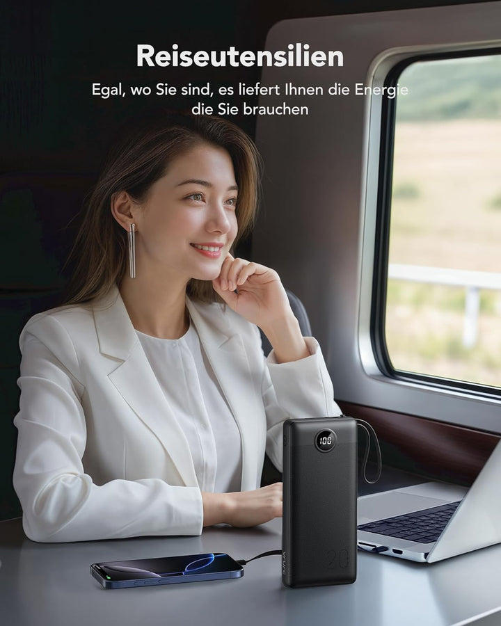 VRURC Powerbank 20000mAh mit integriertes Ladekabel 20W PD QC 3.0 Schnelles Aufladen Tragbares Ladeg