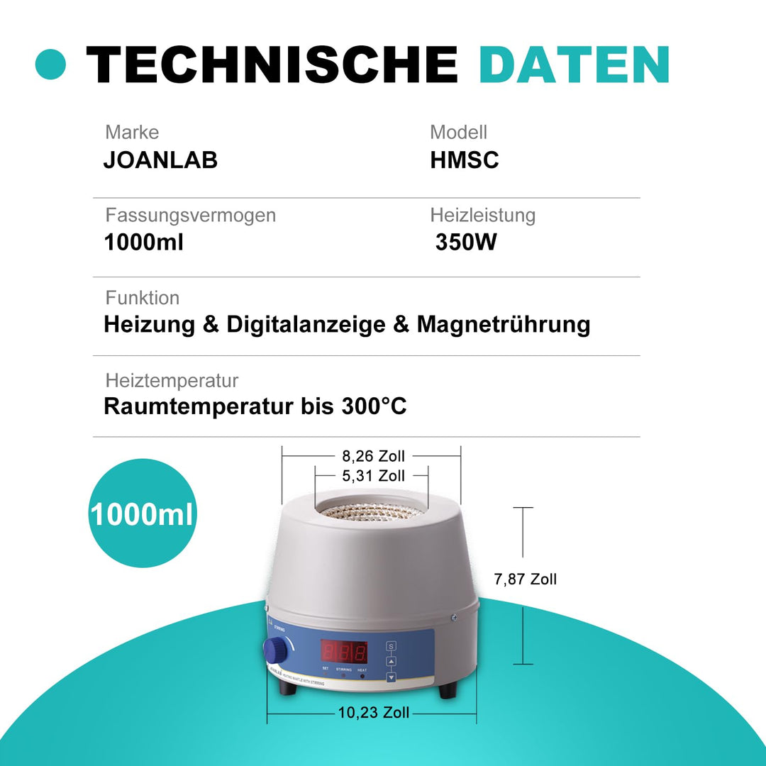 JOANLAB Labor Heizmantel 1000ml Elektrischer Laborheizungsmantel mit Magnetrührer, digitale Temperat