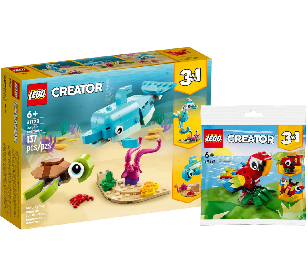 Lego Creator 3-in-1 Set: Delfin und Schildkröte 31128 + Tropischer Papagei 30581 (Polybag)